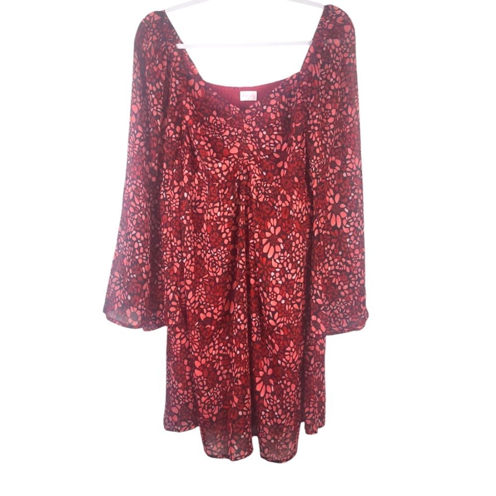 Pink Lily Floral Tinsel Bell Sleeve Romantic Vneck Dress Medium